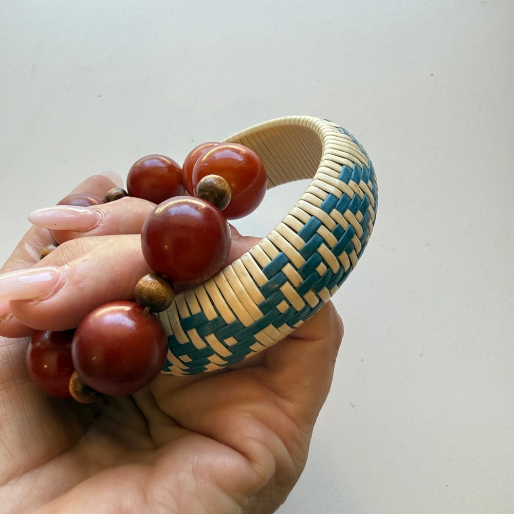 Boho Woven Wicker Bangle and Brown Wood Bead Stretch Bracelet Set Teal Cream